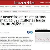 Los acuerdos entre empresas suman 44.627 millones hasta julio, un 20,5% menos